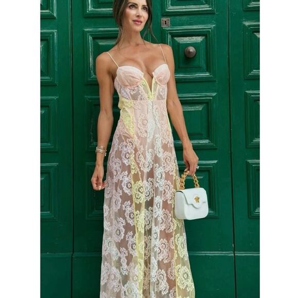 For Love & Lemons NWT Blossom Ombré Pink Yellow Lace Maxi Dress size Medium - Picture 3 of 16